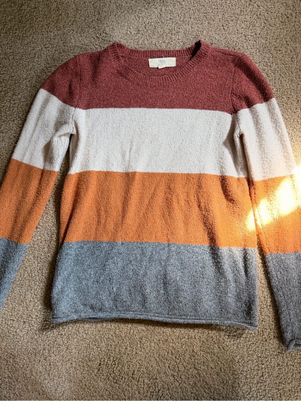 Striped Crewneck Sweater in Rust, Cream, Orange & Gray